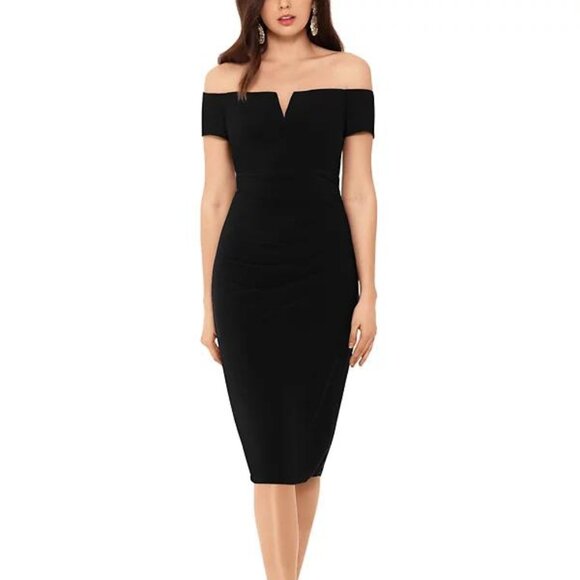 X by Xscape Off-The-Shoulder Black Midi Dress | NWT | Size 12 - Picture 1 of 5